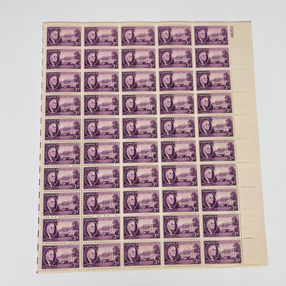 USPS Postage Stamps Sheet 50 3c Franklin D Roosevelt Purple 1946 Scott 942 Exc